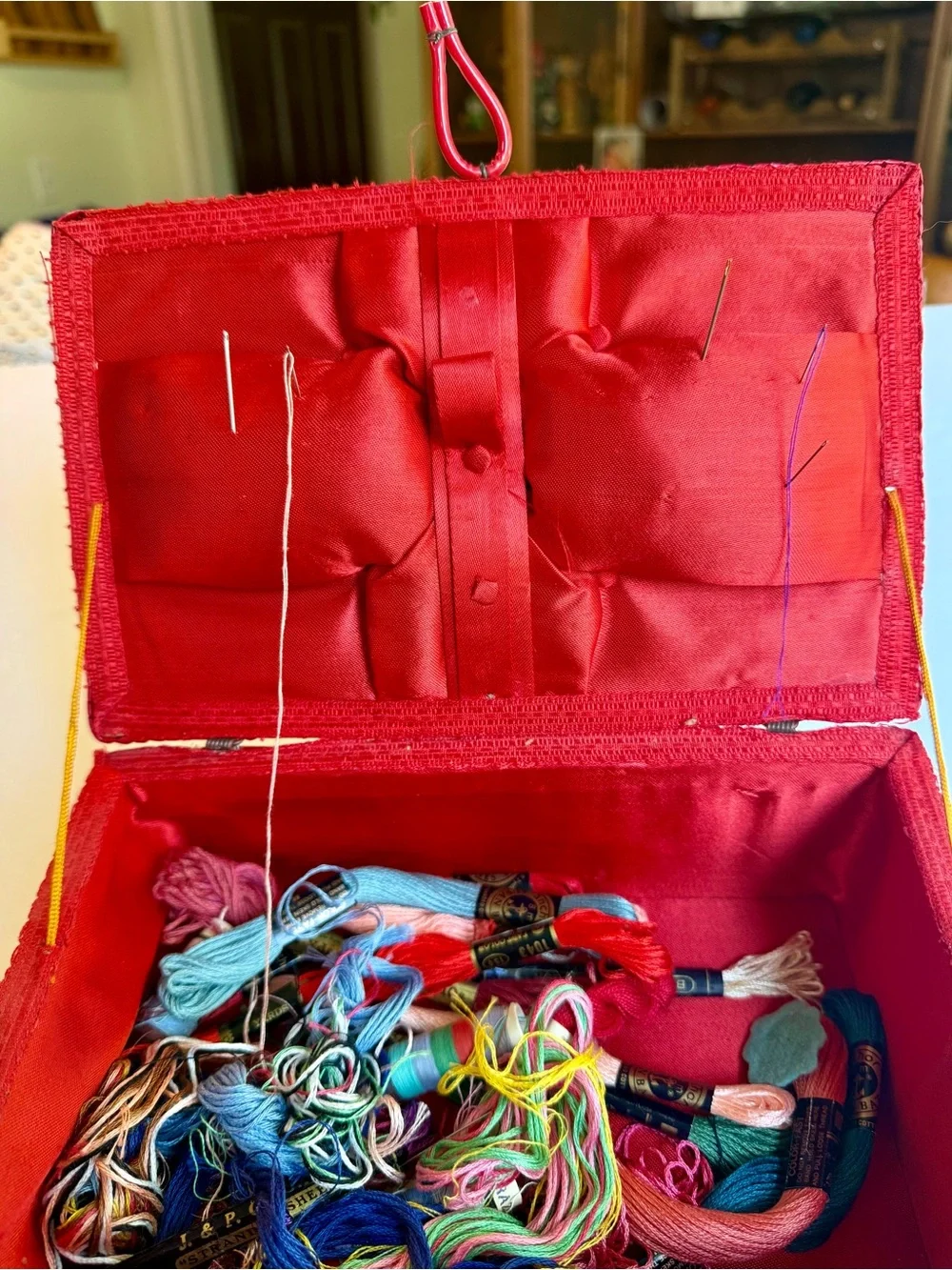 Vintage Red Woven Sewing Basket